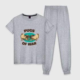 Женская пижама хлопок с принтом Pugs of War - Мопсы войны в Курске, 100% хлопок | брюки и футболка прямого кроя, без карманов, на брюках мягкая резинка на поясе и по низу штанин | art | cute pugs | english | funny art | game | god of war | parody | pug | английская надпись | год оф вар | игра | иллюстрация | канат | милые мопсы | мопс | мопсики | пародия | перетягивание каната | прикол | пуг | пугель | рисунок