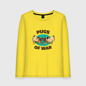 Женский лонгслив хлопок с принтом Pugs of War - Мопсы войны в Курске, 100% хлопок |  | art | cute pugs | english | funny art | game | god of war | parody | pug | английская надпись | год оф вар | игра | иллюстрация | канат | милые мопсы | мопс | мопсики | пародия | перетягивание каната | прикол | пуг | пугель | рисунок