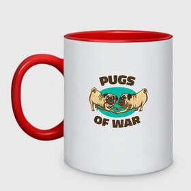 Кружка двухцветная с принтом Pugs of War - Мопсы войны в Курске, керамика | объем — 330 мл, диаметр — 80 мм. Цветная ручка и кайма сверху, в некоторых цветах — вся внутренняя часть | Тематика изображения на принте: art | cute pugs | english | funny art | game | god of war | parody | pug | английская надпись | год оф вар | игра | иллюстрация | канат | милые мопсы | мопс | мопсики | пародия | перетягивание каната | прикол | пуг | пугель | рисунок