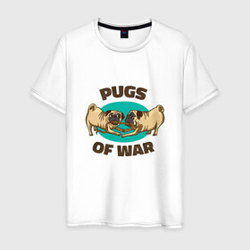 Мужская футболка хлопок с принтом Pugs of War - Мопсы войны в Курске, 100% хлопок | прямой крой, круглый вырез горловины, длина до линии бедер, слегка спущенное плечо. | art | cute pugs | english | funny art | game | god of war | parody | pug | английская надпись | год оф вар | игра | иллюстрация | канат | милые мопсы | мопс | мопсики | пародия | перетягивание каната | прикол | пуг | пугель | рисунок