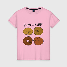 Женская футболка хлопок с принтом Puppy or Bagel Щенок или Бейгл в Курске, 100% хлопок | прямой крой, круглый вырез горловины, длина до линии бедер, слегка спущенное плечо | art | beagle | cute puppy | english | food | funny art | английская надпись | багел | бигль | бублик | выпечка | год оф вар | еда | иллюстрация | пёсики | прикол | рисунок | рогалик | собака | собачки | щенки | щенки клубочком