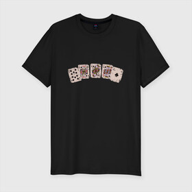 Мужская футболка хлопок Slim с принтом Royal Flush Флеш Роял Покер в Курске, 92% хлопок, 8% лайкра | приталенный силуэт, круглый вырез ворота, длина до линии бедра, короткий рукав | Тематика изображения на принте: art | cards | casino | king | play cards | poker | retro | texas hold em | vintage | арт | валет | винтаж | дама | игральные карты | иллюстрация | казино | комбинация | король | ретро | старые карты | техасский холд | туз | флеш рояль