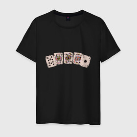 Мужская футболка хлопок с принтом Royal Flush Флеш Роял Покер в Курске, 100% хлопок | прямой крой, круглый вырез горловины, длина до линии бедер, слегка спущенное плечо. | art | cards | casino | king | play cards | poker | retro | texas hold em | vintage | арт | валет | винтаж | дама | игральные карты | иллюстрация | казино | комбинация | король | ретро | старые карты | техасский холд | туз | флеш рояль