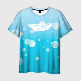 Мужская футболка 3D с принтом Бумажный кораблик в Курске, 100% полиэфир | прямой крой, круглый вырез горловины, длина до линии бедер | бумажный | кораблик | кораблики на синем | корабль | пузыри