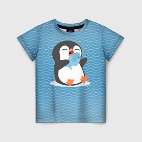 Детская футболка 3D с принтом Пингвин в Курске, 100% гипоаллергенный полиэфир | прямой крой, круглый вырез горловины, длина до линии бедер, чуть спущенное плечо, ткань немного тянется | ест рыбу | морские | океан | пингвин | пингвинчик | рыба | рыбку