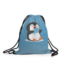 Рюкзак-мешок 3D с принтом Пингвин в Курске, 100% полиэстер | плотность ткани — 200 г/м2, размер — 35 х 45 см; лямки — толстые шнурки, застежка на шнуровке, без карманов и подкладки | ест рыбу | морские | океан | пингвин | пингвинчик | рыба | рыбку