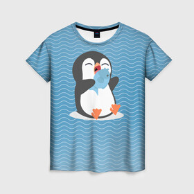 Женская футболка 3D с принтом Пингвин в Курске, 100% полиэфир ( синтетическое хлопкоподобное полотно) | прямой крой, круглый вырез горловины, длина до линии бедер | ест рыбу | морские | океан | пингвин | пингвинчик | рыба | рыбку