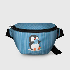 Поясная сумка 3D с принтом Пингвин в Курске, 100% полиэстер | плотная ткань, ремень с регулируемой длиной, внутри несколько карманов для мелочей, основное отделение и карман с обратной стороны сумки застегиваются на молнию | ест рыбу | морские | океан | пингвин | пингвинчик | рыба | рыбку