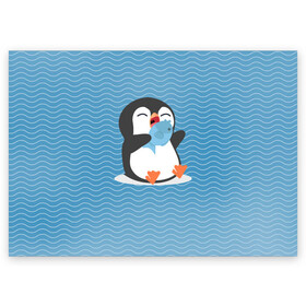 Поздравительная открытка с принтом Пингвин в Курске, 100% бумага | плотность бумаги 280 г/м2, матовая, на обратной стороне линовка и место для марки
 | ест рыбу | морские | океан | пингвин | пингвинчик | рыба | рыбку