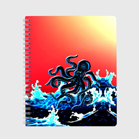 Тетрадь с принтом Кракен в Море | Градиент в Курске, 100% бумага | 48 листов, плотность листов — 60 г/м2, плотность картонной обложки — 250 г/м2. Листы скреплены сбоку удобной пружинной спиралью. Уголки страниц и обложки скругленные. Цвет линий — светло-серый
 | animal | beast | fade | kraken | monster | moon | ocean | octopus | sea | water | waves | вода | волны | градиент | животные | звери | кракен | луна | монстр | море | океан | осьминог | рыбы | щупальца