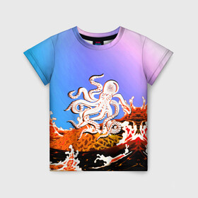 Детская футболка 3D с принтом Осьминог в Лаве | Градиент в Курске, 100% гипоаллергенный полиэфир | прямой крой, круглый вырез горловины, длина до линии бедер, чуть спущенное плечо, ткань немного тянется | animal | beast | fade | kraken | monster | moon | ocean | octopus | sea | water | waves | вода | волны | градиент | животные | звери | кракен | лава | луна | монстр | море | небо | огонь | океан | осьминог | рыбы | щупальца