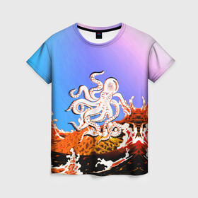 Женская футболка 3D с принтом Осьминог в Лаве | Градиент в Курске, 100% полиэфир ( синтетическое хлопкоподобное полотно) | прямой крой, круглый вырез горловины, длина до линии бедер | animal | beast | fade | kraken | monster | moon | ocean | octopus | sea | water | waves | вода | волны | градиент | животные | звери | кракен | лава | луна | монстр | море | небо | огонь | океан | осьминог | рыбы | щупальца