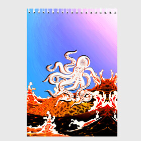 Скетчбук с принтом Осьминог в Лаве | Градиент в Курске, 100% бумага
 | 48 листов, плотность листов — 100 г/м2, плотность картонной обложки — 250 г/м2. Листы скреплены сверху удобной пружинной спиралью | Тематика изображения на принте: animal | beast | fade | kraken | monster | moon | ocean | octopus | sea | water | waves | вода | волны | градиент | животные | звери | кракен | лава | луна | монстр | море | небо | огонь | океан | осьминог | рыбы | щупальца