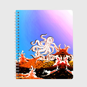 Тетрадь с принтом Осьминог в Лаве | Градиент в Курске, 100% бумага | 48 листов, плотность листов — 60 г/м2, плотность картонной обложки — 250 г/м2. Листы скреплены сбоку удобной пружинной спиралью. Уголки страниц и обложки скругленные. Цвет линий — светло-серый
 | animal | beast | fade | kraken | monster | moon | ocean | octopus | sea | water | waves | вода | волны | градиент | животные | звери | кракен | лава | луна | монстр | море | небо | огонь | океан | осьминог | рыбы | щупальца