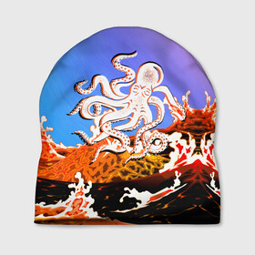 Шапка 3D с принтом Осьминог в Лаве Градиент в Курске, 100% полиэстер | универсальный размер, печать по всей поверхности изделия | animal | beast | fade | kraken | monster | moon | ocean | octopus | sea | water | waves | вода | волны | градиент | животные | звери | кракен | лава | луна | монстр | море | небо | огонь | океан | осьминог | рыбы | щупальца