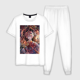 Мужская пижама хлопок с принтом Tartaglia fan art в Курске, 100% хлопок | брюки и футболка прямого кроя, без карманов, на брюках мягкая резинка на поясе и по низу штанин
 | art | fanart | game | genshin | impact | tartaglia | арт | тарталья | фан