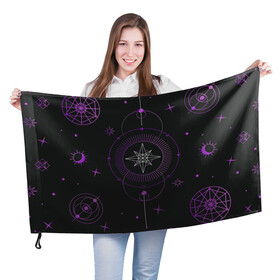 Флаг 3D с принтом Астрология в Курске, 100% полиэстер | плотность ткани — 95 г/м2, размер — 67 х 109 см. Принт наносится с одной стороны | астрология | глаз | гороскоп | звезды | лавандовый | лиловый | луна | оккультный глаз | пиктограмма | пиктограммы | руны | солнце | фиолетовый | черный и золотой | эзотерика
