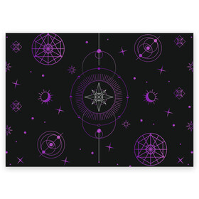 Поздравительная открытка с принтом Астрология в Курске, 100% бумага | плотность бумаги 280 г/м2, матовая, на обратной стороне линовка и место для марки
 | астрология | глаз | гороскоп | звезды | лавандовый | лиловый | луна | оккультный глаз | пиктограмма | пиктограммы | руны | солнце | фиолетовый | черный и золотой | эзотерика