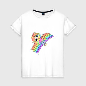 Женская футболка хлопок с принтом Единорожка на радуге в Курске, 100% хлопок | прямой крой, круглый вырез горловины, длина до линии бедер, слегка спущенное плечо | rainbow | unicorn | единорог | единорожка | радуга | яркая радуга | яркий принт