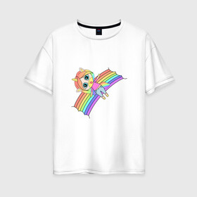 Женская футболка хлопок Oversize с принтом Единорожка на радуге в Курске, 100% хлопок | свободный крой, круглый ворот, спущенный рукав, длина до линии бедер
 | rainbow | unicorn | единорог | единорожка | радуга | яркая радуга | яркий принт