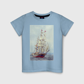 Детская футболка хлопок с принтом Парусник на фото в Курске, 100% хлопок | круглый вырез горловины, полуприлегающий силуэт, длина до линии бедер | антиквариат | корабль | парусник | старая картина | судно