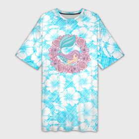 Платье-футболка 3D с принтом Русалочка и цветы в Курске,  |  | flowers | mermaid | морская | русалка | русалочка | ундина | цветы