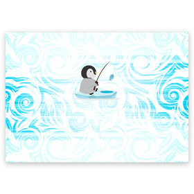 Поздравительная открытка с принтом Пингвин рыбачит в Курске, 100% бумага | плотность бумаги 280 г/м2, матовая, на обратной стороне линовка и место для марки
 | fish | fishing | ловит рыбу | пингвин | рыба | рыбалка | рыбачит