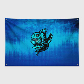 Флаг-баннер с принтом Пиранья в Курске, 100% полиэстер | размер 67 х 109 см, плотность ткани — 95 г/м2; по краям флага есть четыре люверса для крепления | fish | piranha | живность | морская | на синем | пиранья | рыба