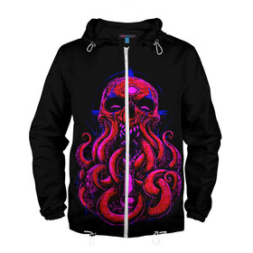 Мужская ветровка 3D с принтом Череп Осьминог Octopus Skull в Курске, 100% полиэстер | подол и капюшон оформлены резинкой с фиксаторами, два кармана без застежек по бокам, один потайной карман на груди | Тематика изображения на принте: animal | beast | kraken | monster | ocean | octopus | sea | skull | water | waves | вода | животные | звери | кракен | монстр | море | океан | осьминог | рыбы | череп | щупальца