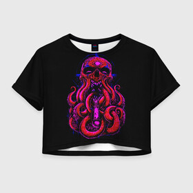 Женская футболка Crop-top 3D с принтом Череп Осьминог Octopus Skull в Курске, 100% полиэстер | круглая горловина, длина футболки до линии талии, рукава с отворотами | Тематика изображения на принте: animal | beast | kraken | monster | ocean | octopus | sea | skull | water | waves | вода | животные | звери | кракен | монстр | море | океан | осьминог | рыбы | череп | щупальца