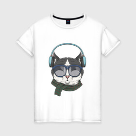 Женская футболка хлопок с принтом Музыкальный кот в Курске, 100% хлопок | прямой крой, круглый вырез горловины, длина до линии бедер, слегка спущенное плечо | животные | коты | кошки | музыка | наушники