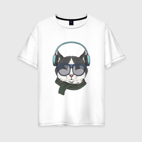 Женская футболка хлопок Oversize с принтом Музыкальный кот в Курске, 100% хлопок | свободный крой, круглый ворот, спущенный рукав, длина до линии бедер
 | животные | коты | кошки | музыка | наушники