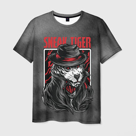 Мужская футболка 3D с принтом Sneak Tiger в Курске, 100% полиэфир | прямой крой, круглый вырез горловины, длина до линии бедер | арт | графика | животные | звери | тигр | шляпа | шпион