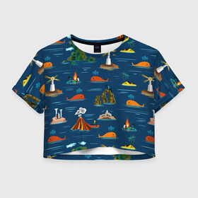 Женская футболка Crop-top 3D с принтом ОСТРОВА в Курске, 100% полиэстер | круглая горловина, длина футболки до линии талии, рукава с отворотами | география | киты | лето | морское | острова | путешествие. отдых | туризм