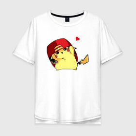 Мужская футболка хлопок Oversize с принтом Пикачу под бейсболкой в Курске, 100% хлопок | свободный крой, круглый ворот, “спинка” длиннее передней части | anime | picachu | pikachu | аниме | милый | пика | пикачу | покебол | покемон