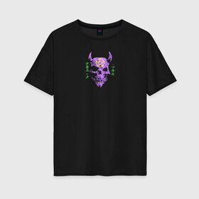 Женская футболка хлопок Oversize с принтом Demonic soul в Курске, 100% хлопок | свободный крой, круглый ворот, спущенный рукав, длина до линии бедер
 | demonic soul | демон | дьявол | зло | иероглифы | монстр | пентаграма | рога | скелет | череп