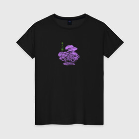 Женская футболка хлопок с принтом Грибы в Курске, 100% хлопок | прямой крой, круглый вырез горловины, длина до линии бедер, слегка спущенное плечо | грибы | иероглифы | надпись на японском | поганка | психоделика