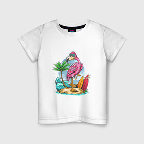 Детская футболка хлопок с принтом Отдыхаю как фламинго в Курске, 100% хлопок | круглый вырез горловины, полуприлегающий силуэт, длина до линии бедер | море | океан | отдых | отпуск | пальмы | путешествие | серфинг | фламинго