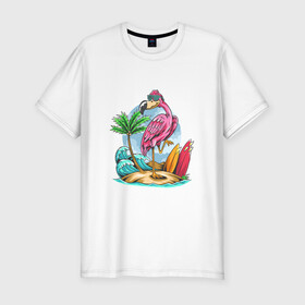 Мужская футболка хлопок Slim с принтом Отдыхаю как фламинго в Курске, 92% хлопок, 8% лайкра | приталенный силуэт, круглый вырез ворота, длина до линии бедра, короткий рукав | море | океан | отдых | отпуск | пальмы | путешествие | серфинг | фламинго