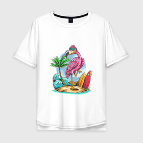 Мужская футболка хлопок Oversize с принтом Отдыхаю как фламинго в Курске, 100% хлопок | свободный крой, круглый ворот, “спинка” длиннее передней части | море | океан | отдых | отпуск | пальмы | путешествие | серфинг | фламинго
