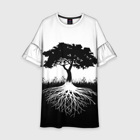 Детское платье 3D с принтом ДЕРЕВО ИНЬ-ЯНЬ в Курске, 100% полиэстер | прямой силуэт, чуть расширенный к низу. Круглая горловина, на рукавах — воланы | blackwhite | evil | tree | дерево | добро | зло | инь янь | корни | лес | листья | природа | саванна | узор | черно белое