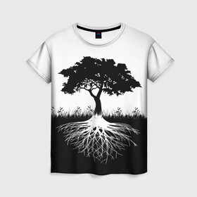Женская футболка 3D с принтом ДЕРЕВО ИНЬ-ЯНЬ в Курске, 100% полиэфир ( синтетическое хлопкоподобное полотно) | прямой крой, круглый вырез горловины, длина до линии бедер | blackwhite | evil | tree | дерево | добро | зло | инь янь | корни | лес | листья | природа | саванна | узор | черно белое