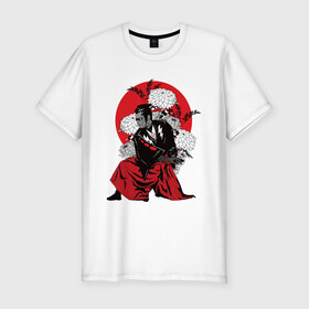 Мужская футболка хлопок Slim с принтом САМУРАЙ 007 в Курске, 92% хлопок, 8% лайкра | приталенный силуэт, круглый вырез ворота, длина до линии бедра, короткий рукав | black | bond | flowers | japan | red | samurai | кимоно | костюм | меч | самурай | цветы | япония
