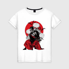 Женская футболка хлопок с принтом САМУРАЙ 007 в Курске, 100% хлопок | прямой крой, круглый вырез горловины, длина до линии бедер, слегка спущенное плечо | black | bond | flowers | japan | red | samurai | кимоно | костюм | меч | самурай | цветы | япония