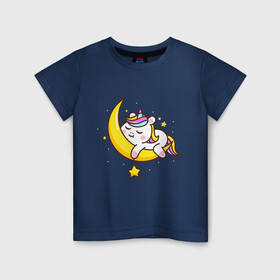 Детская футболка хлопок с принтом Милый единорог спит на луне в Курске, 100% хлопок | круглый вырез горловины, полуприлегающий силуэт, длина до линии бедер | cute | funny | pony | rainbow | unicorn | единорог | единорожка | милый | пони | радуга