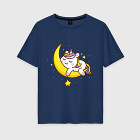 Женская футболка хлопок Oversize с принтом Милый единорог спит на луне в Курске, 100% хлопок | свободный крой, круглый ворот, спущенный рукав, длина до линии бедер
 | cute | funny | pony | rainbow | unicorn | единорог | единорожка | милый | пони | радуга
