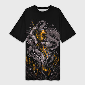 Платье-футболка 3D с принтом ПОДВОДНАЯ БИТВА в Курске,  |  | battle | ocean | octopus | sea | tentacles | аквалангист | битва | бой | водолаз | глубина | дно | кальмар | море | океан | осминог | пучина | трезубец | щупальца