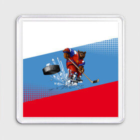 Магнит 55*55 с принтом Русский хоккей в Курске, Пластик | Размер: 65*65 мм; Размер печати: 55*55 мм | Тематика изображения на принте: art | bear | flag | hockey | puck | russia | sport | stick | symbols | арт | клюшка | медведь | россия | символика | спорт | флаг | хоккей | шайба