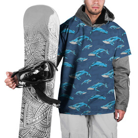 Накидка на куртку 3D с принтом Киты на синем в Курске, 100% полиэстер |  | Тематика изображения на принте: whale | кит | киты | море | на синем | паттерн