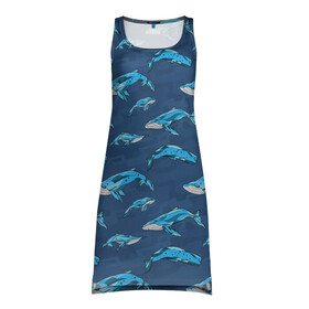 Платье-майка 3D с принтом Киты на синем в Курске, 100% полиэстер | полуприлегающий силуэт, широкие бретели, круглый вырез горловины, удлиненный подол сзади. | whale | кит | киты | море | на синем | паттерн
